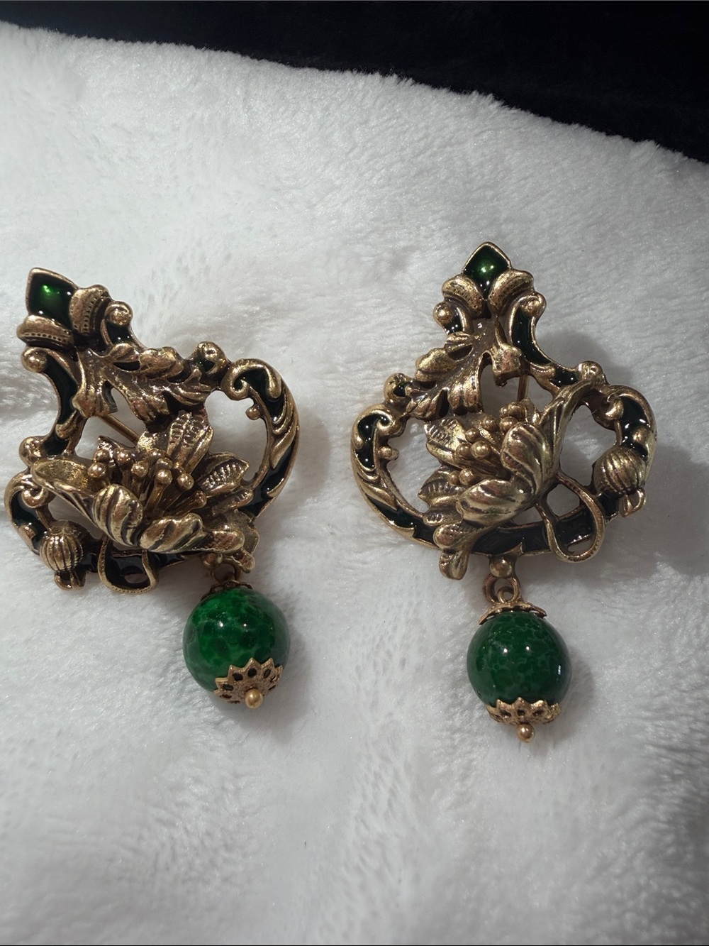 Kenneth Jay Lane Gold Floral Drop Earrings with Emerald Green Beads